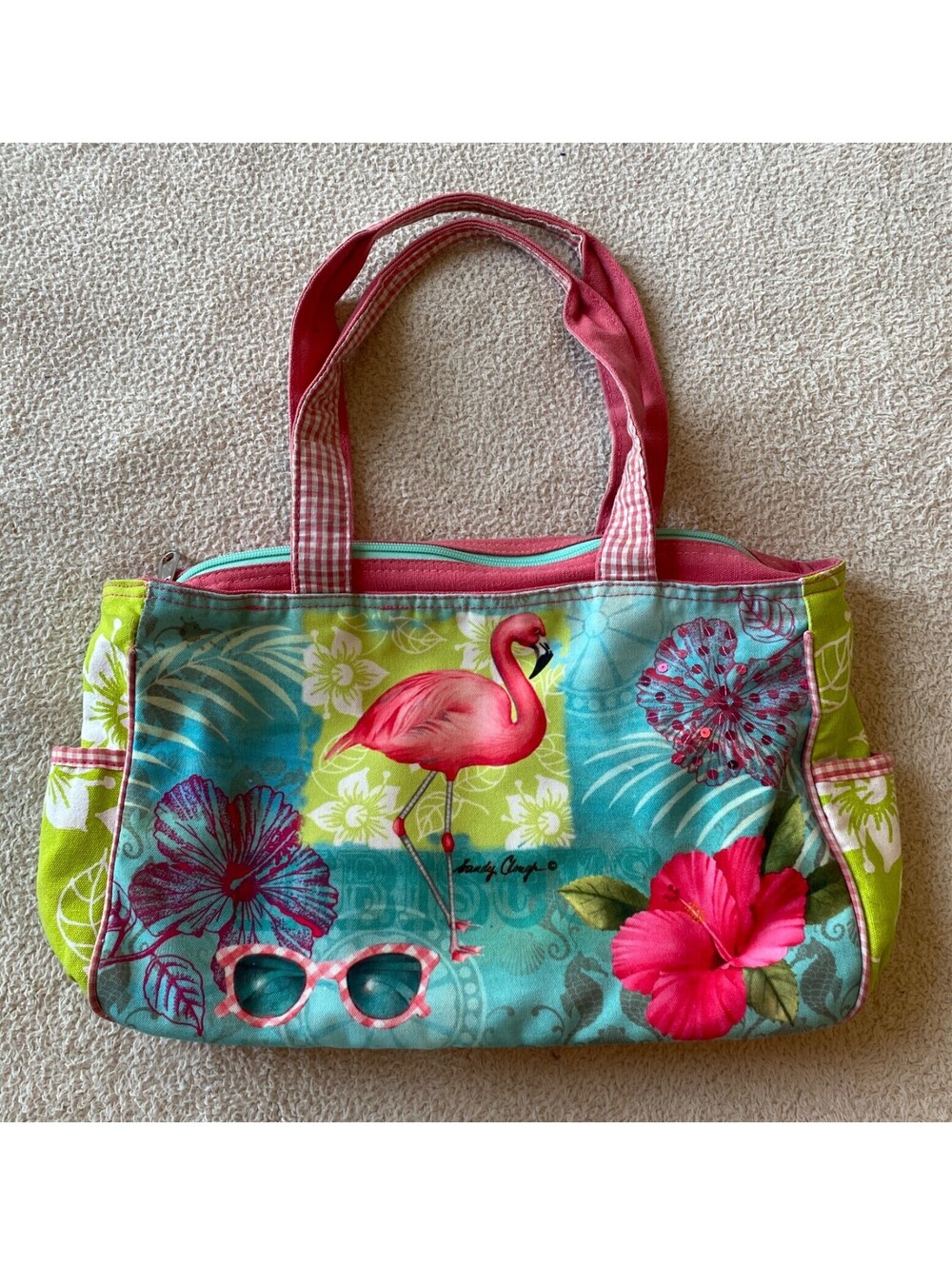 Sandy Clough Sun 'N' Sand Beach Flamingo Sequin Shoulder Bag Purse Tote 14x9.5x4